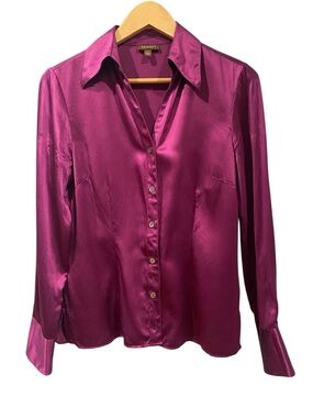 Tesori  Burgundy Silk V-neck Button-Down Shirt S